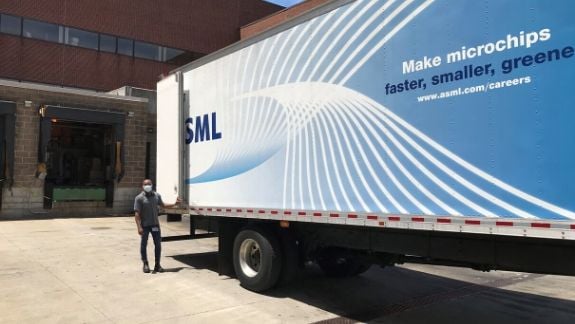The trucks that employees at ASML in Wilton used to donate COVID protective gear to hospitals. The trucks that employees at ASML in Wilton used to donate COVID protective gear to hospitals.