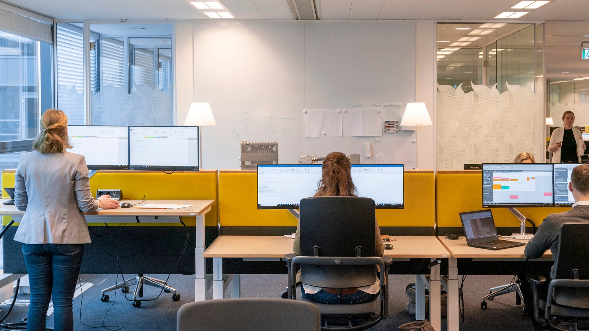 A view from behind three colleagues sitting or standing in a row at desks with computer monitors in an office with large windows. A view from behind three colleagues sitting or standing in a row at desks with computer monitors in an office with large windows.
