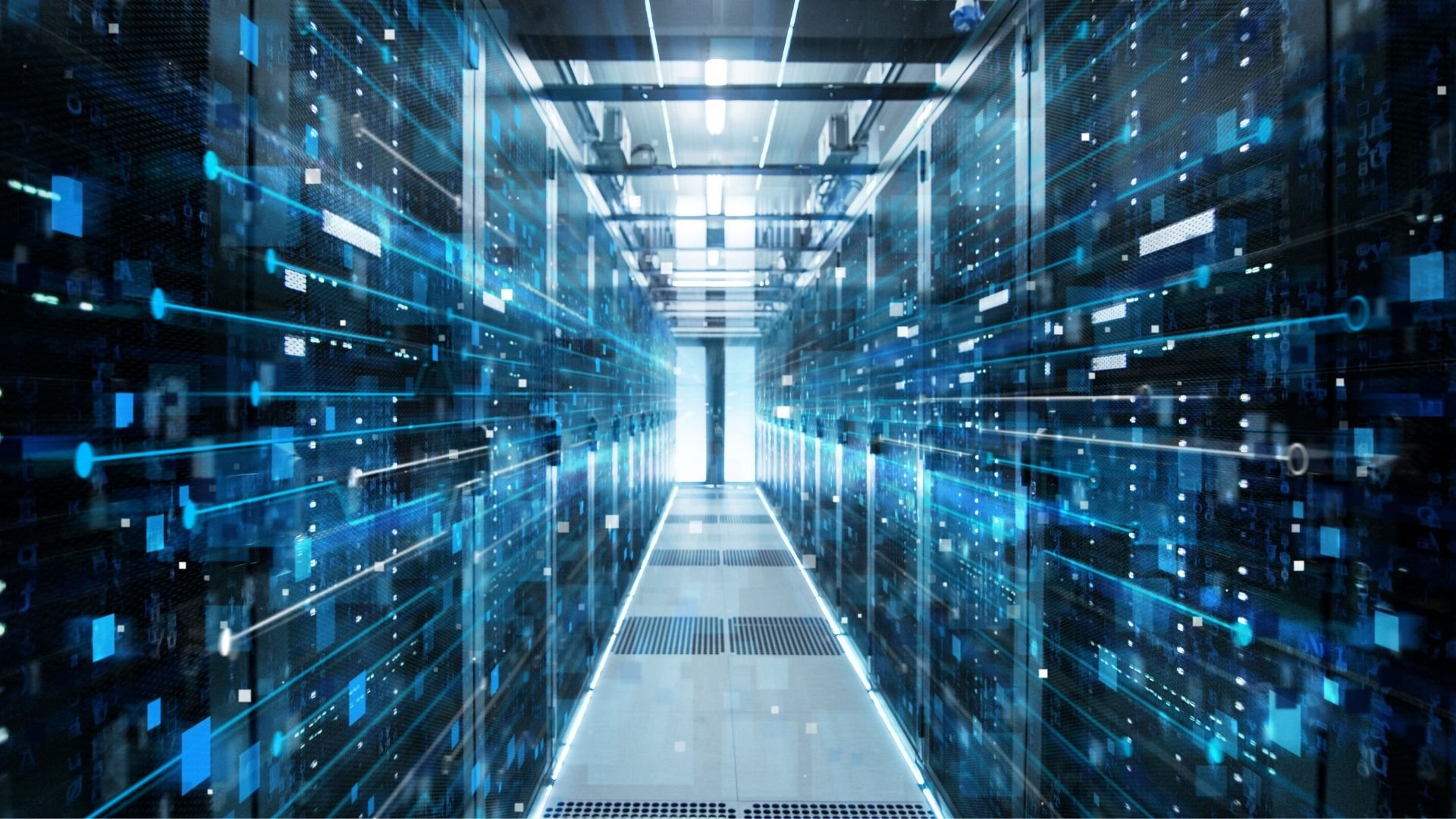 A hallway in a working data center with high internet visualization projection. A hallway in a working data center with high internet visualization projection.
