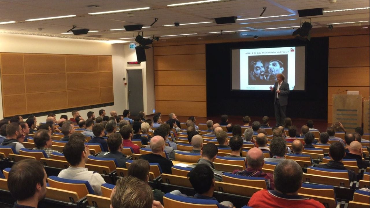 Pim Haselager speaks to a crowded auditorium at an ASML Tech Talk in Veldhoven, the Netherlands. Pim Haselager speaks to a crowded auditorium at an ASML Tech Talk in Veldhoven, the Netherlands.