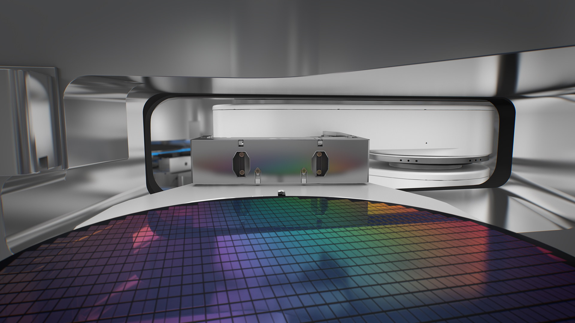 A silicon wafer inside a lithography machine A silicon wafer inside a lithography machine