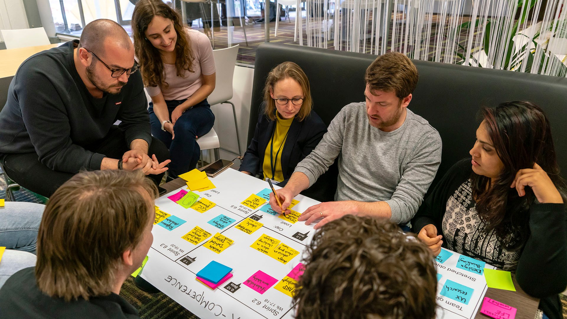 A group of ASML software specialists gather around a table with a large sheet of paper with post-it notes on it. A group of ASML software specialists gather around a table with a large sheet of paper with post-it notes on it.