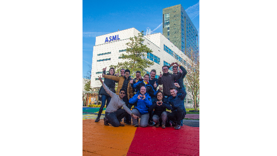 A group of ASML employees from Proud, the LGBTI employee network, pose on the rainbow crossing. A group of ASML employees from Proud, the LGBTI employee network, pose on the rainbow crossing.