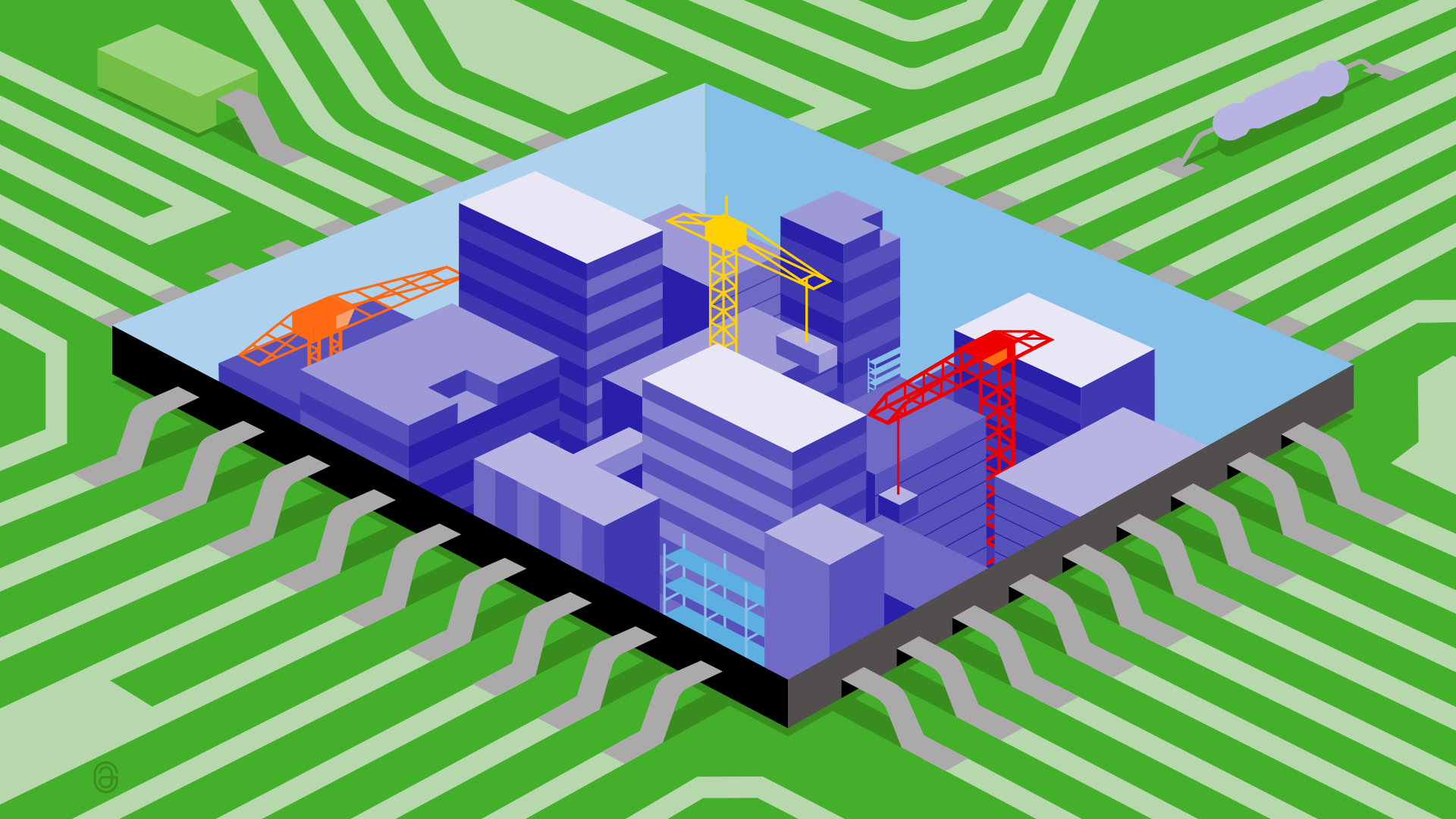An illustration of a city within a chip, on a motherboard.